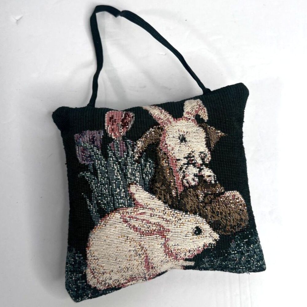 Bunny Rabbit Tapestry Door Knob Pillow Hanger VTG Cottage Core Farmhouse Green